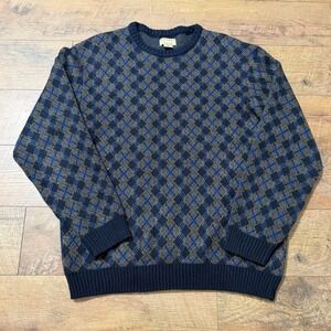 Natural Issue Mens Argyle Crewneck Sweater Navy Blue Grey Diamond Knit Large